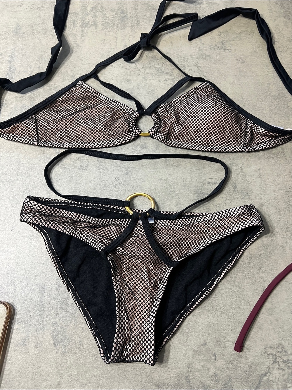 Black Mesh Overlay Bikini Set with Gold Ring Accent